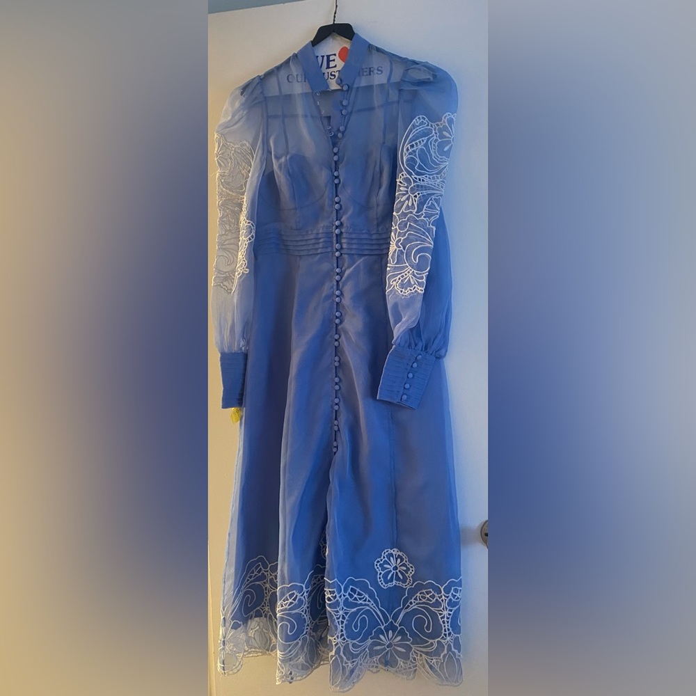 Karen Millen Blue Dress with White Embroidered Sleeves